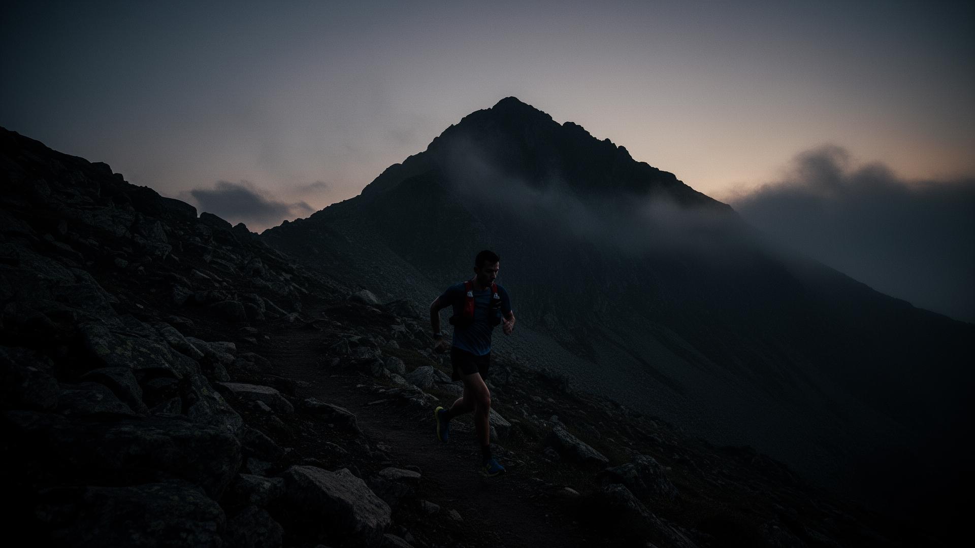 Lone trail runner on a dark mountain ridge